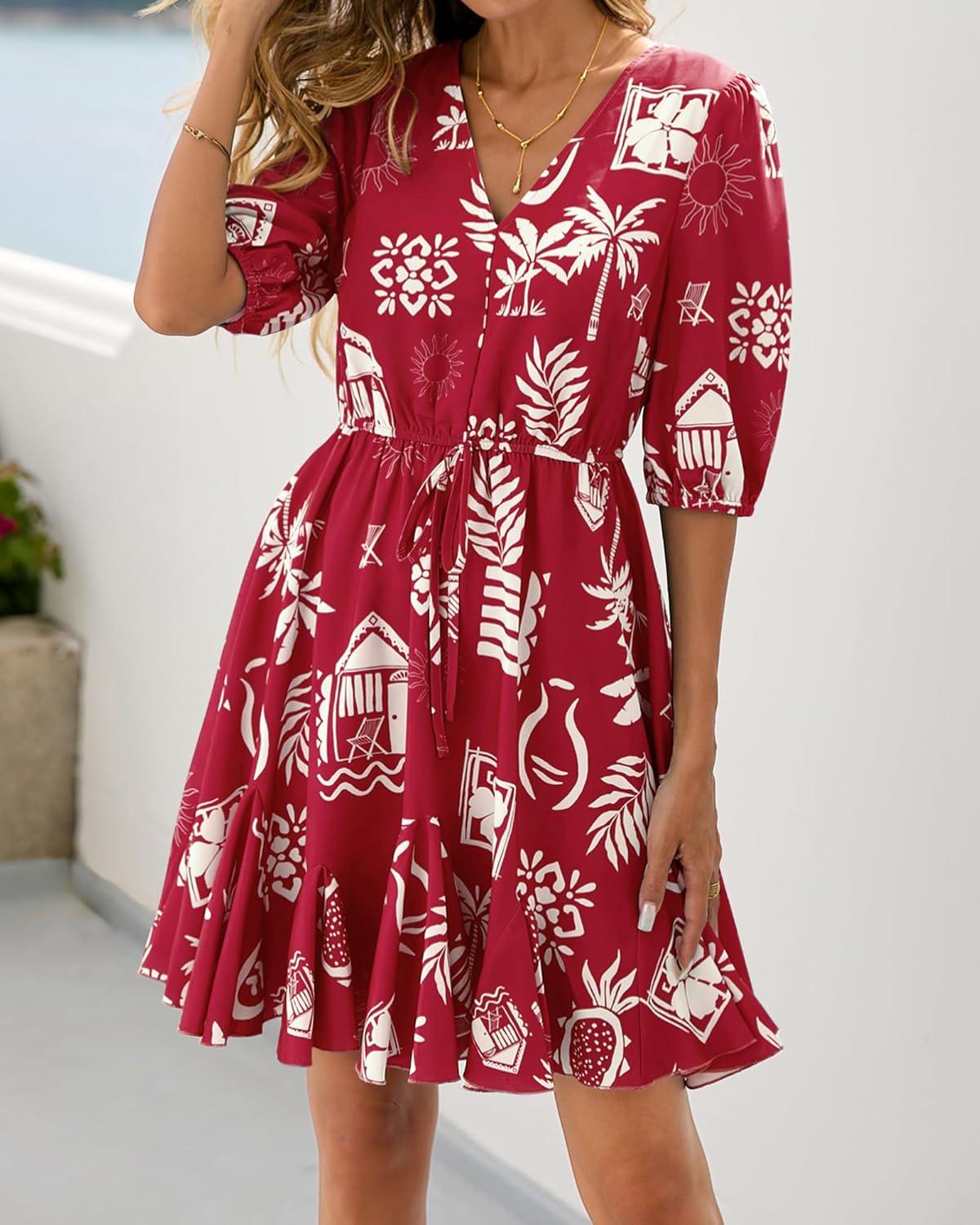 imageBTFBM Women Summer Spring Floral Boho Dress 2026 V Neck Short Sleeve Ruffle Beach Vacation Clothes Wedding Guest DressesFloral Burgundy White