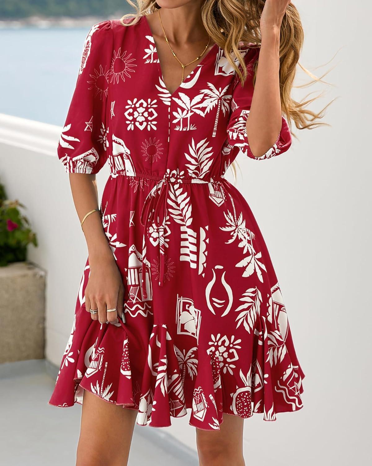 imageBTFBM Women Summer Spring Floral Boho Dress 2026 V Neck Short Sleeve Ruffle Beach Vacation Clothes Wedding Guest DressesFloral Burgundy White