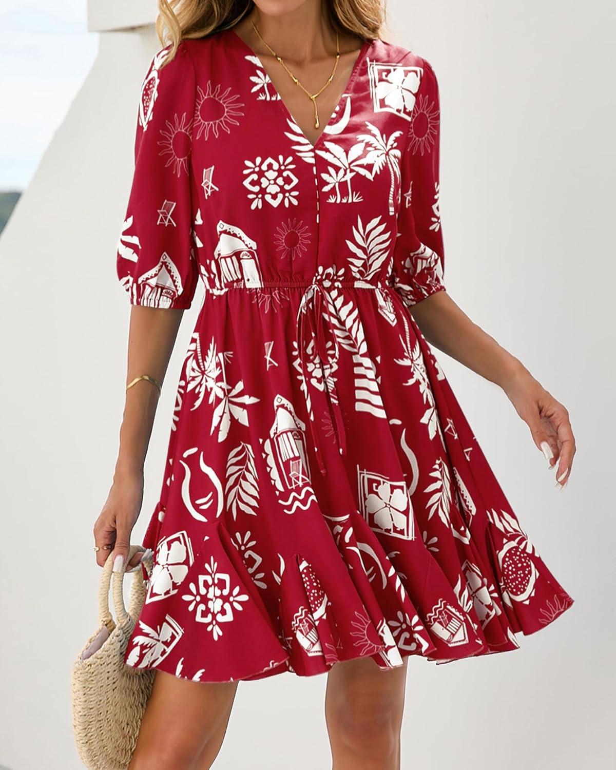 imageBTFBM Women Summer Spring Floral Boho Dress 2026 V Neck Short Sleeve Ruffle Beach Vacation Clothes Wedding Guest DressesFloral Burgundy White
