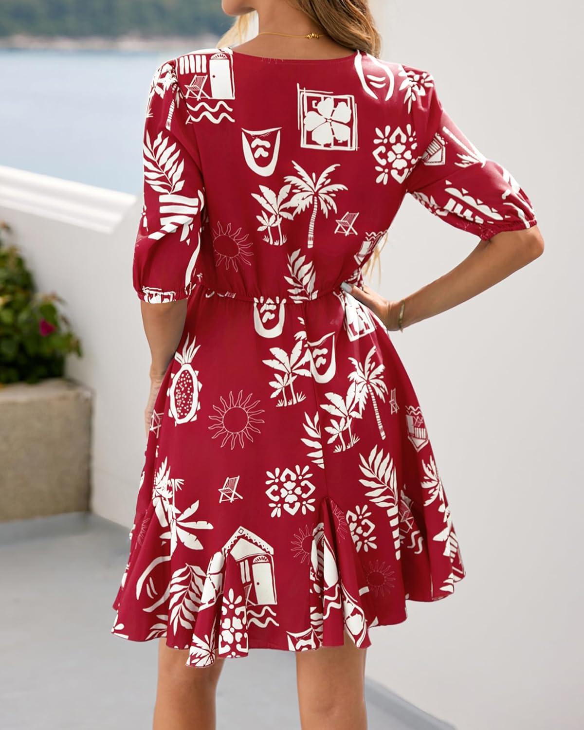 imageBTFBM Women Summer Spring Floral Boho Dress 2026 V Neck Short Sleeve Ruffle Beach Vacation Clothes Wedding Guest DressesFloral Burgundy White