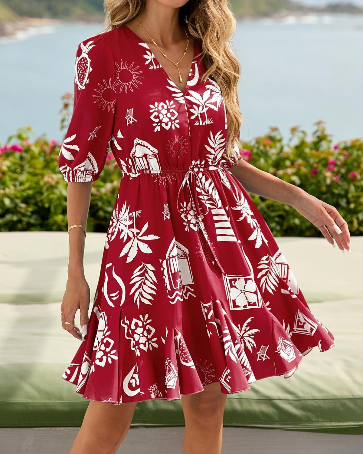 imageBTFBM Women Summer Spring Floral Boho Dress 2026 V Neck Short Sleeve Ruffle Beach Vacation Clothes Wedding Guest DressesFloral Burgundy White