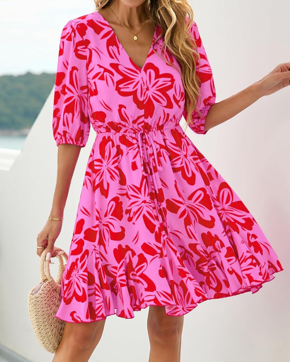 imageBTFBM Women Summer Spring Floral Boho Dress 2026 V Neck Short Sleeve Ruffle Beach Vacation Clothes Wedding Guest DressesFloral Pink Red