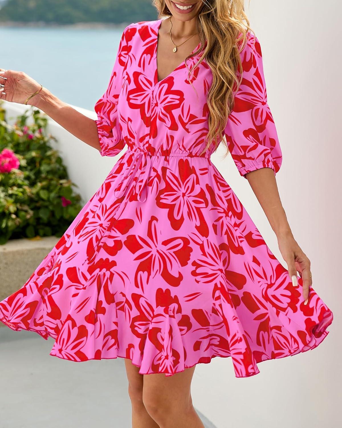 imageBTFBM Women Summer Spring Floral Boho Dress 2026 V Neck Short Sleeve Ruffle Beach Vacation Clothes Wedding Guest DressesFloral Pink Red