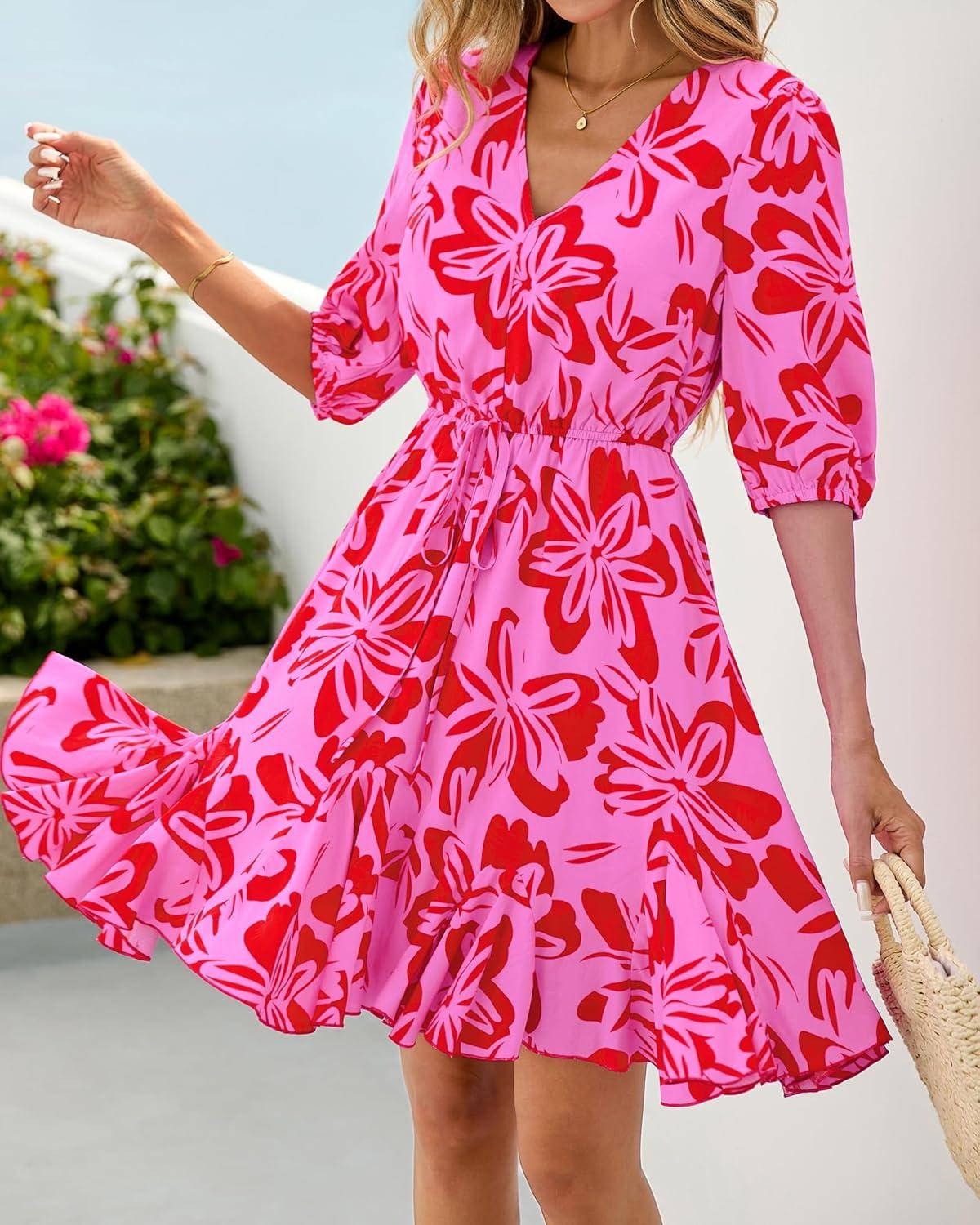 imageBTFBM Women Summer Spring Floral Boho Dress 2026 V Neck Short Sleeve Ruffle Beach Vacation Clothes Wedding Guest DressesFloral Pink Red