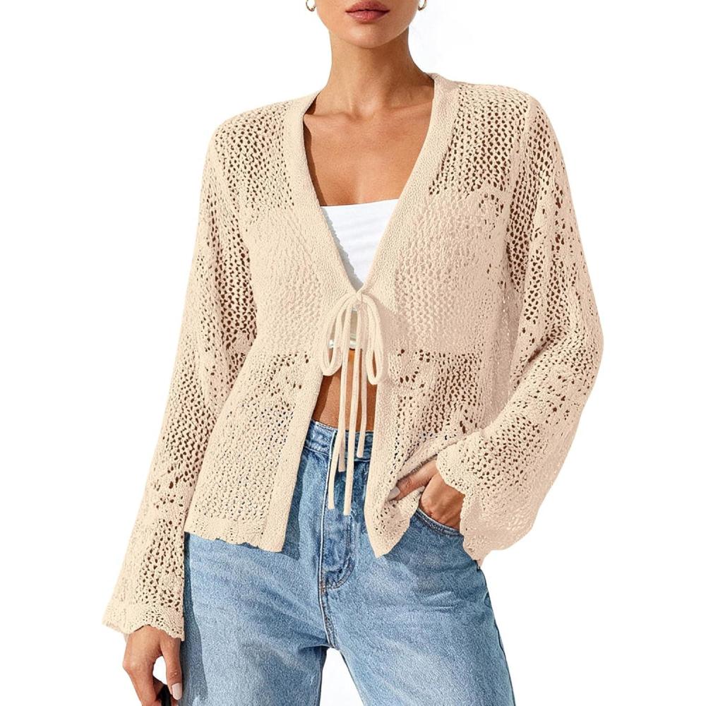 imageBTFBM Summer Cardigans for Women Lightweight 2026 Spring Crochet Mesh Long Sleeve Tie Front Knit Beach Vacation OutfitsApricot