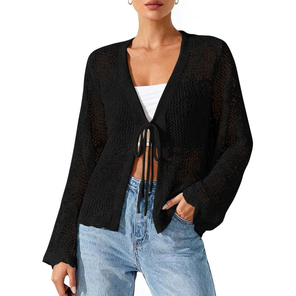 imageBTFBM Summer Cardigans for Women Lightweight 2026 Spring Crochet Mesh Long Sleeve Tie Front Knit Beach Vacation OutfitsBlack