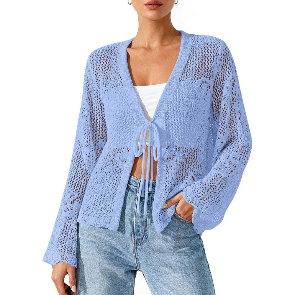imageBTFBM Summer Cardigans for Women Lightweight 2026 Spring Crochet Mesh Long Sleeve Tie Front Knit Beach Vacation OutfitsLight Blue