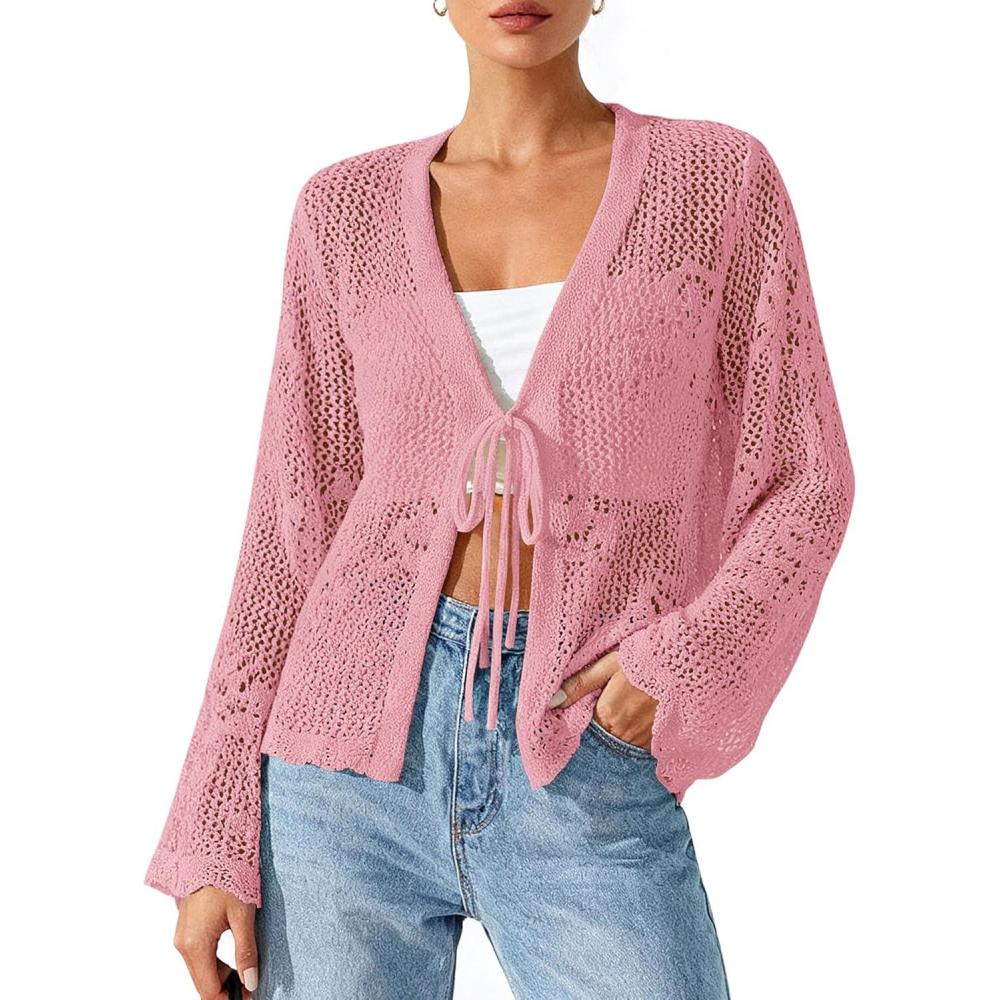 imageBTFBM Summer Cardigans for Women Lightweight 2026 Spring Crochet Mesh Long Sleeve Tie Front Knit Beach Vacation OutfitsPink