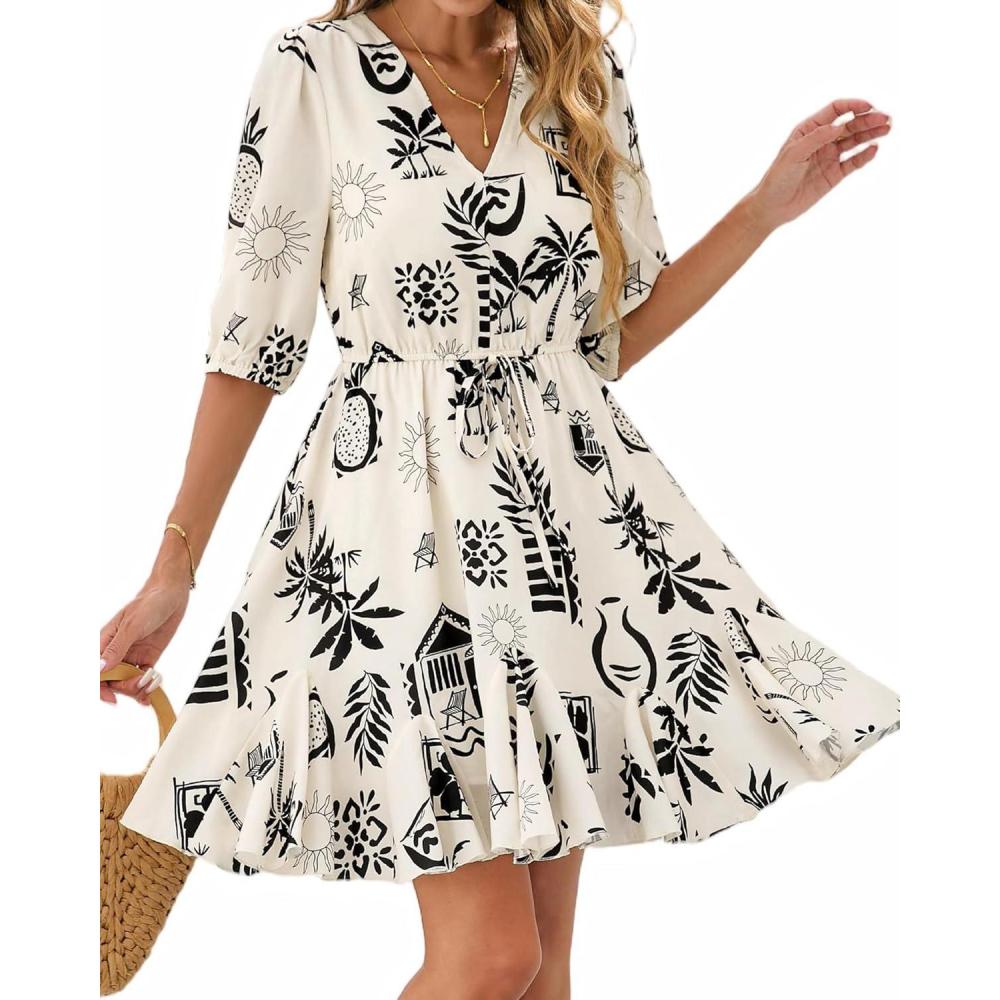 imageBTFBM Women Summer Spring Floral Boho Dress 2026 V Neck Short Sleeve Ruffle Beach Vacation Clothes Wedding Guest DressesFloral Apricot Black