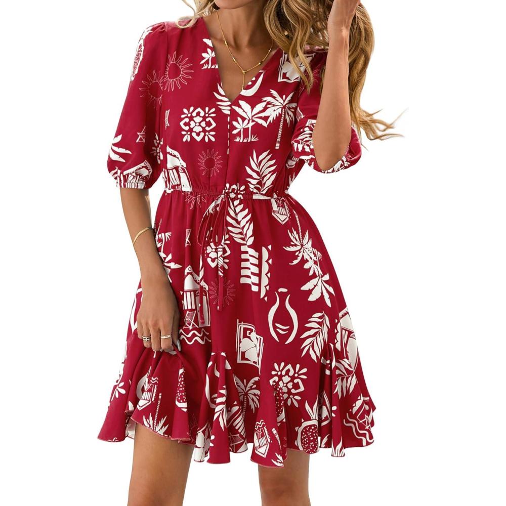 imageBTFBM Women Summer Spring Floral Boho Dress 2026 V Neck Short Sleeve Ruffle Beach Vacation Clothes Wedding Guest DressesFloral Burgundy White