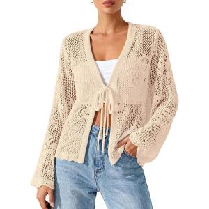 BTFBM Summer Cardigans for Women Lightweight 2026 Spring Crochet Mesh Long Sleeve Tie Front Knit Beach Vacation Outfits(Apricot)