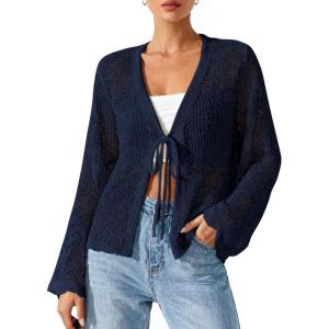 BTFBM Summer Cardigans for Women Lightweight 2026 Spring Crochet Mesh Long Sleeve Tie Front Knit Beach Vacation Outfits(Navy Blue)