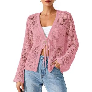 BTFBM Summer Cardigans for Women Lightweight 2026 Spring Crochet Mesh Long Sleeve Tie Front Knit Beach Vacation Outfits(Pink)