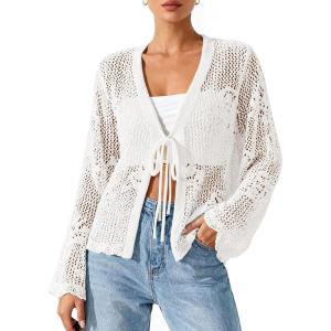 BTFBM Summer Cardigans for Women Lightweight 2026 Spring Crochet Mesh Long Sleeve Tie Front Knit Beach Vacation Outfits(White)
