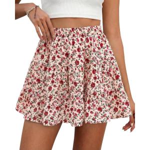 BTFBM Summer Skirts for Women 2026 Floral High Waist Shorts Underneath Boho Tiered Flowy Tennis Skorts Casual Mini Skirt(Floral Apricot Red)