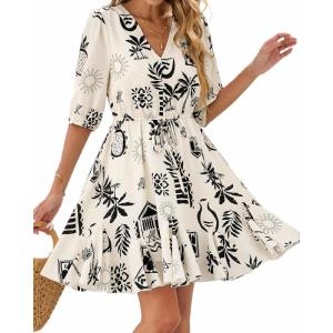 BTFBM Women Summer Spring Floral Boho Dress 2026 V Neck Short Sleeve Ruffle Beach Vacation Clothes Wedding Guest Dresses(Floral Apricot Black)