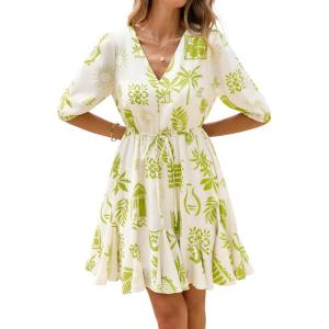 BTFBM Women Summer Spring Floral Boho Dress 2026 V Neck Short Sleeve Ruffle Beach Vacation Clothes Wedding Guest Dresses(Floral Apricot Green)
