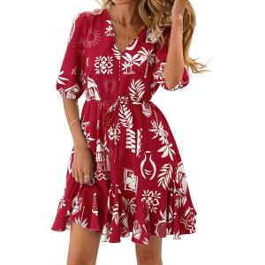 BTFBM Women Summer Spring Floral Boho Dress 2026 V Neck Short Sleeve Ruffle Beach Vacation Clothes Wedding Guest Dresses(Floral Burgundy White)
