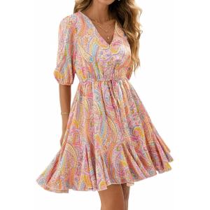 BTFBM Women Summer Spring Floral Boho Dress 2026 V Neck Short Sleeve Ruffle Beach Vacation Clothes Wedding Guest Dresses(Floral Multicolored)