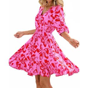 BTFBM Women Summer Spring Floral Boho Dress 2026 V Neck Short Sleeve Ruffle Beach Vacation Clothes Wedding Guest Dresses(Floral Pink Red)