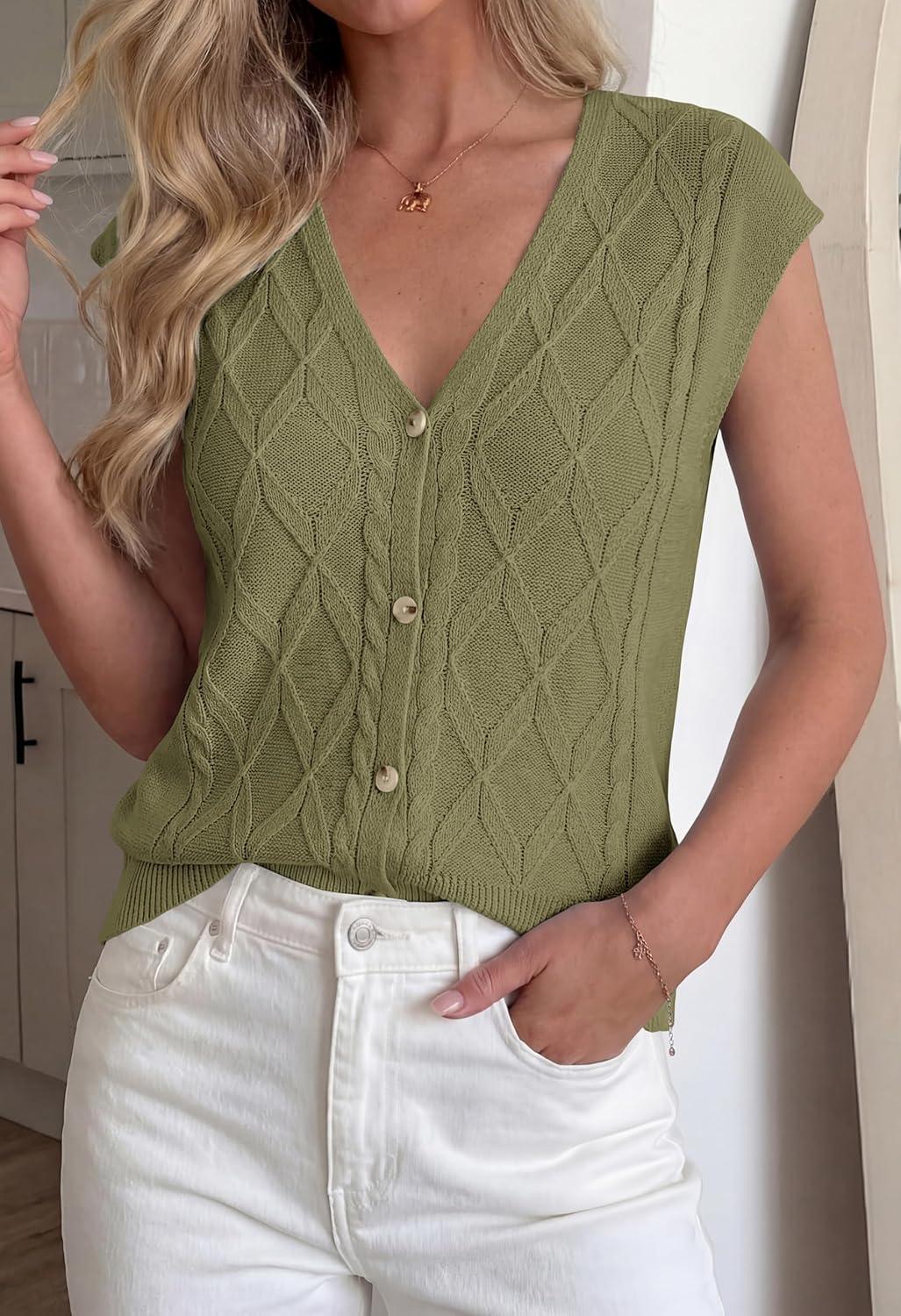 imageBTFBM Sweater Vest Women V Neck Cap Sleeve Button Down Knit Tops Spring Summer 2026 Casual Lightweight Cardigan VestsArmy Green