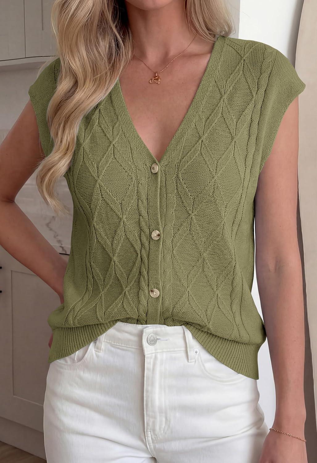 imageBTFBM Sweater Vest Women V Neck Cap Sleeve Button Down Knit Tops Spring Summer 2026 Casual Lightweight Cardigan VestsArmy Green