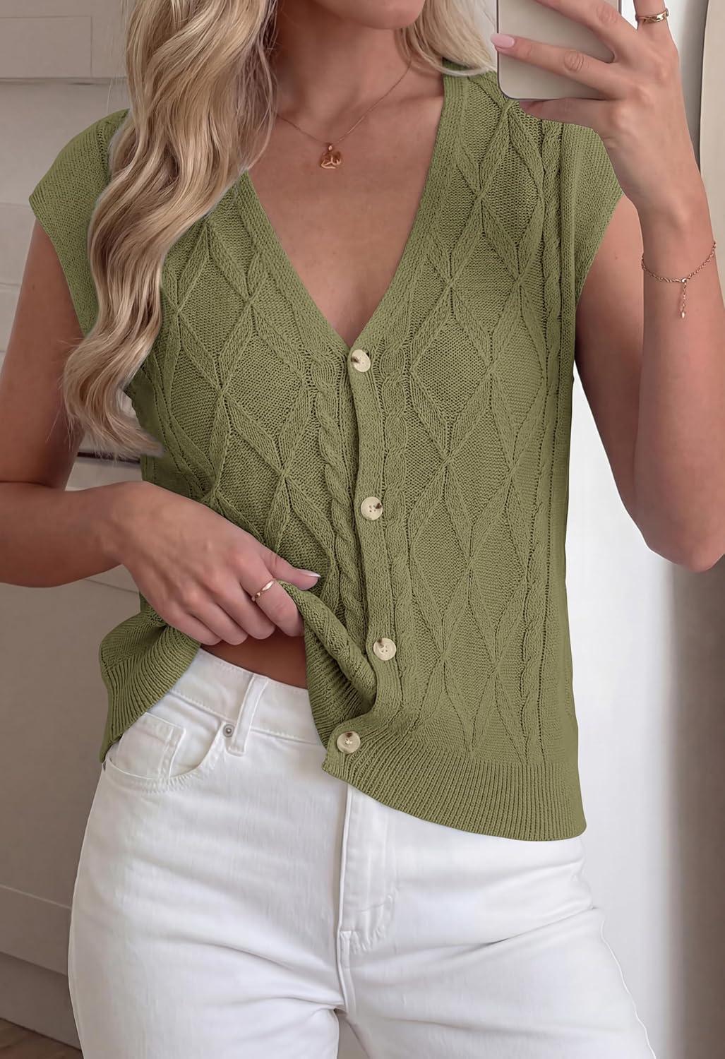 imageBTFBM Sweater Vest Women V Neck Cap Sleeve Button Down Knit Tops Spring Summer 2026 Casual Lightweight Cardigan VestsArmy Green