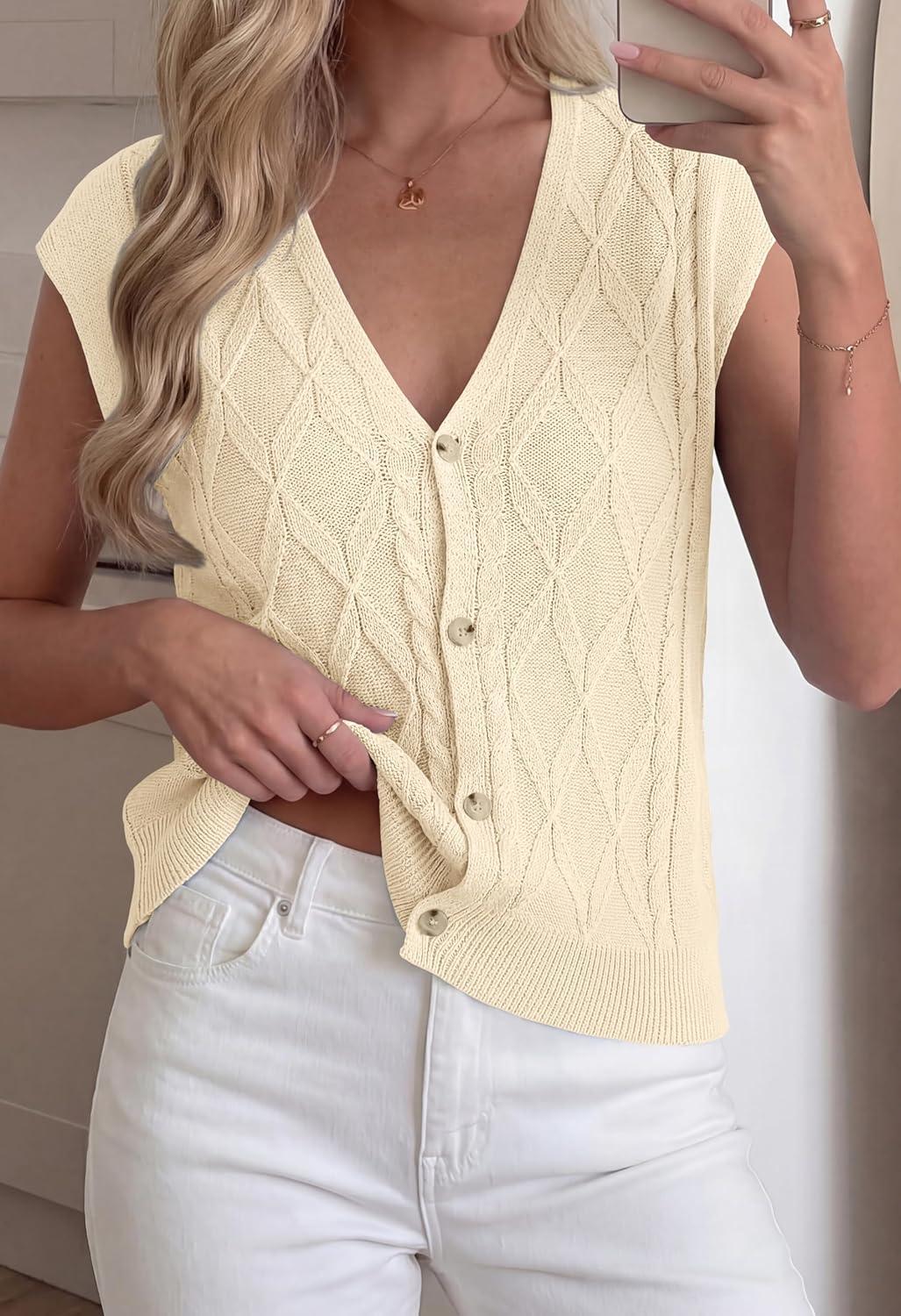 imageBTFBM Sweater Vest Women V Neck Cap Sleeve Button Down Knit Tops Spring Summer 2026 Casual Lightweight Cardigan VestsBeige