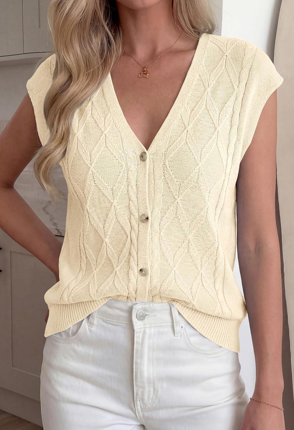 imageBTFBM Sweater Vest Women V Neck Cap Sleeve Button Down Knit Tops Spring Summer 2026 Casual Lightweight Cardigan VestsBeige