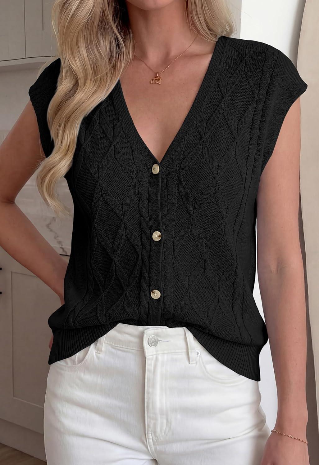imageBTFBM Sweater Vest Women V Neck Cap Sleeve Button Down Knit Tops Spring Summer 2026 Casual Lightweight Cardigan VestsBlack