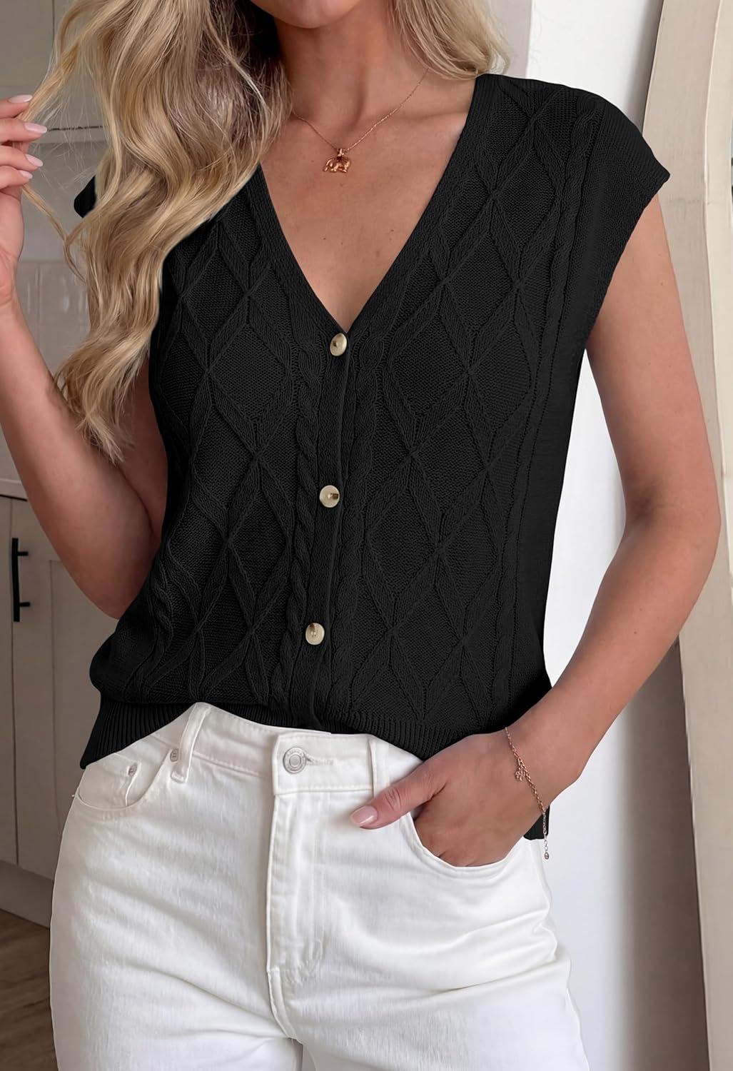 imageBTFBM Sweater Vest Women V Neck Cap Sleeve Button Down Knit Tops Spring Summer 2026 Casual Lightweight Cardigan VestsBlack