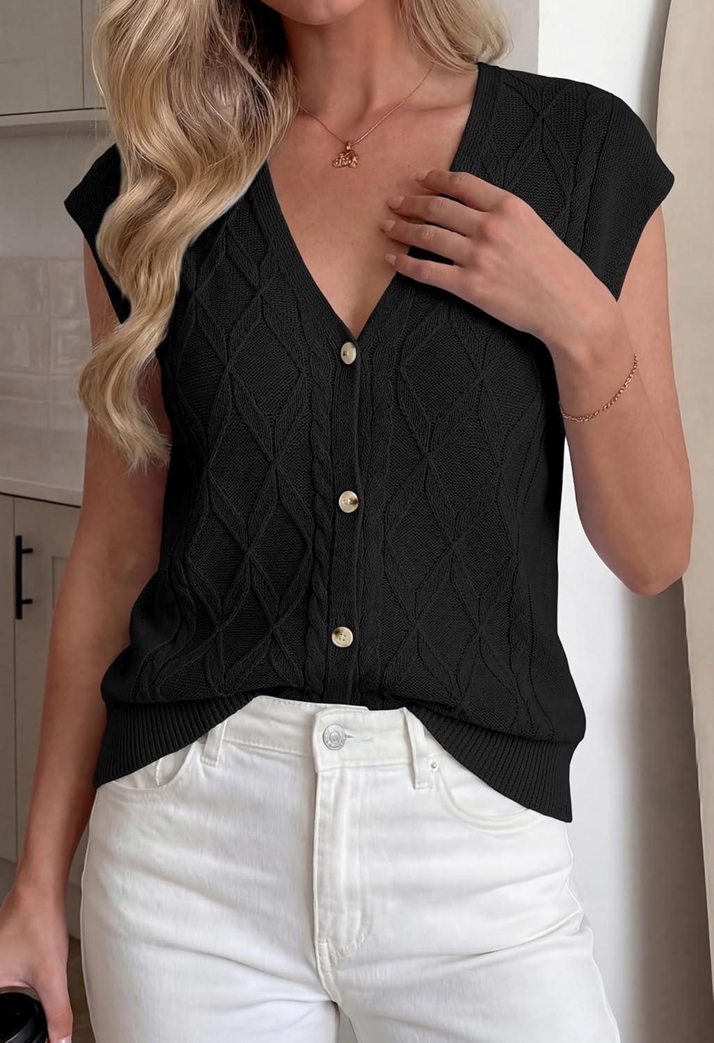 imageBTFBM Sweater Vest Women V Neck Cap Sleeve Button Down Knit Tops Spring Summer 2026 Casual Lightweight Cardigan VestsBlack