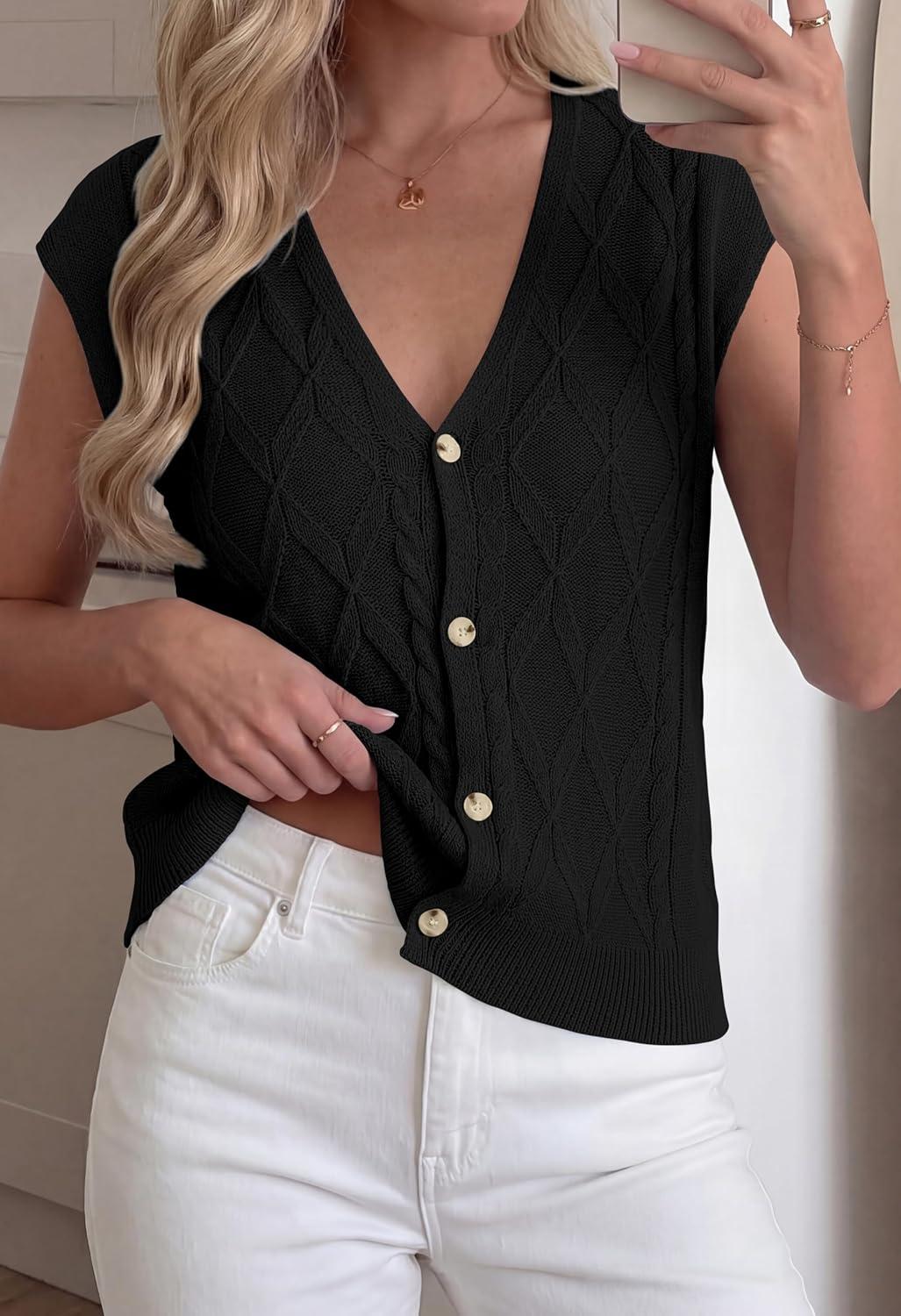 imageBTFBM Sweater Vest Women V Neck Cap Sleeve Button Down Knit Tops Spring Summer 2026 Casual Lightweight Cardigan VestsBlack