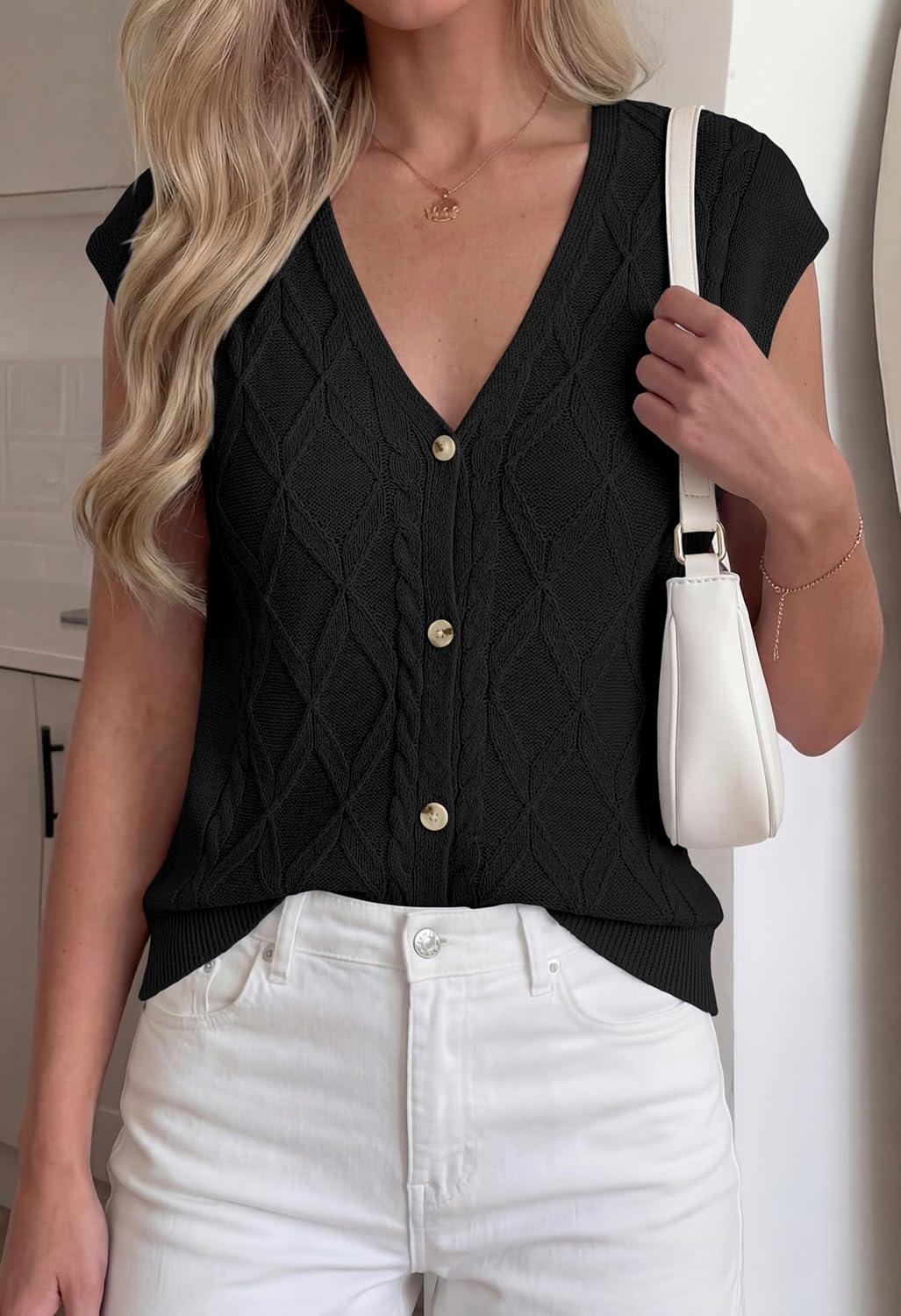 imageBTFBM Sweater Vest Women V Neck Cap Sleeve Button Down Knit Tops Spring Summer 2026 Casual Lightweight Cardigan VestsBlack