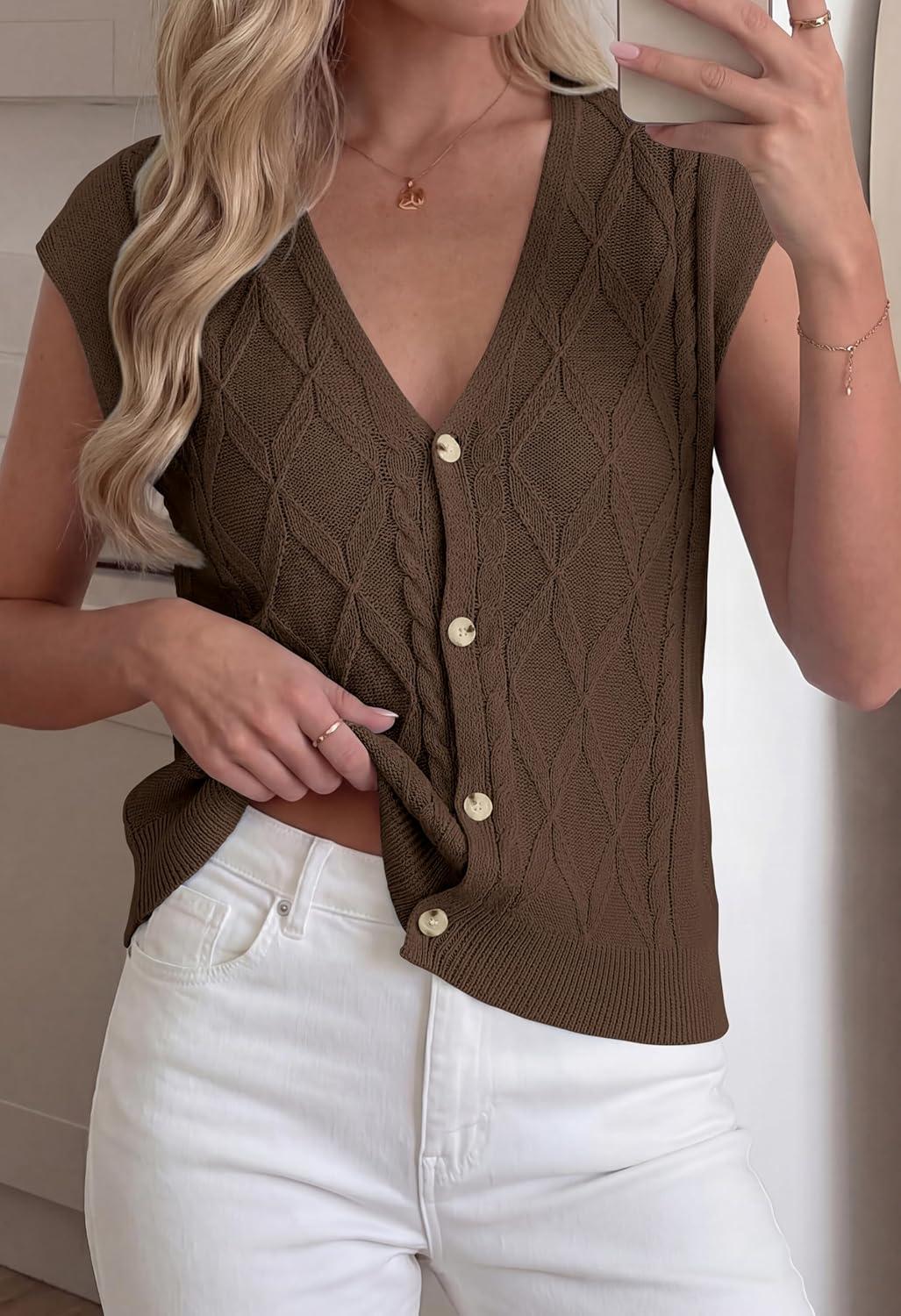 imageBTFBM Sweater Vest Women V Neck Cap Sleeve Button Down Knit Tops Spring Summer 2026 Casual Lightweight Cardigan VestsBrown