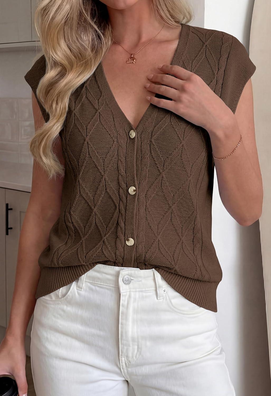 imageBTFBM Sweater Vest Women V Neck Cap Sleeve Button Down Knit Tops Spring Summer 2026 Casual Lightweight Cardigan VestsBrown