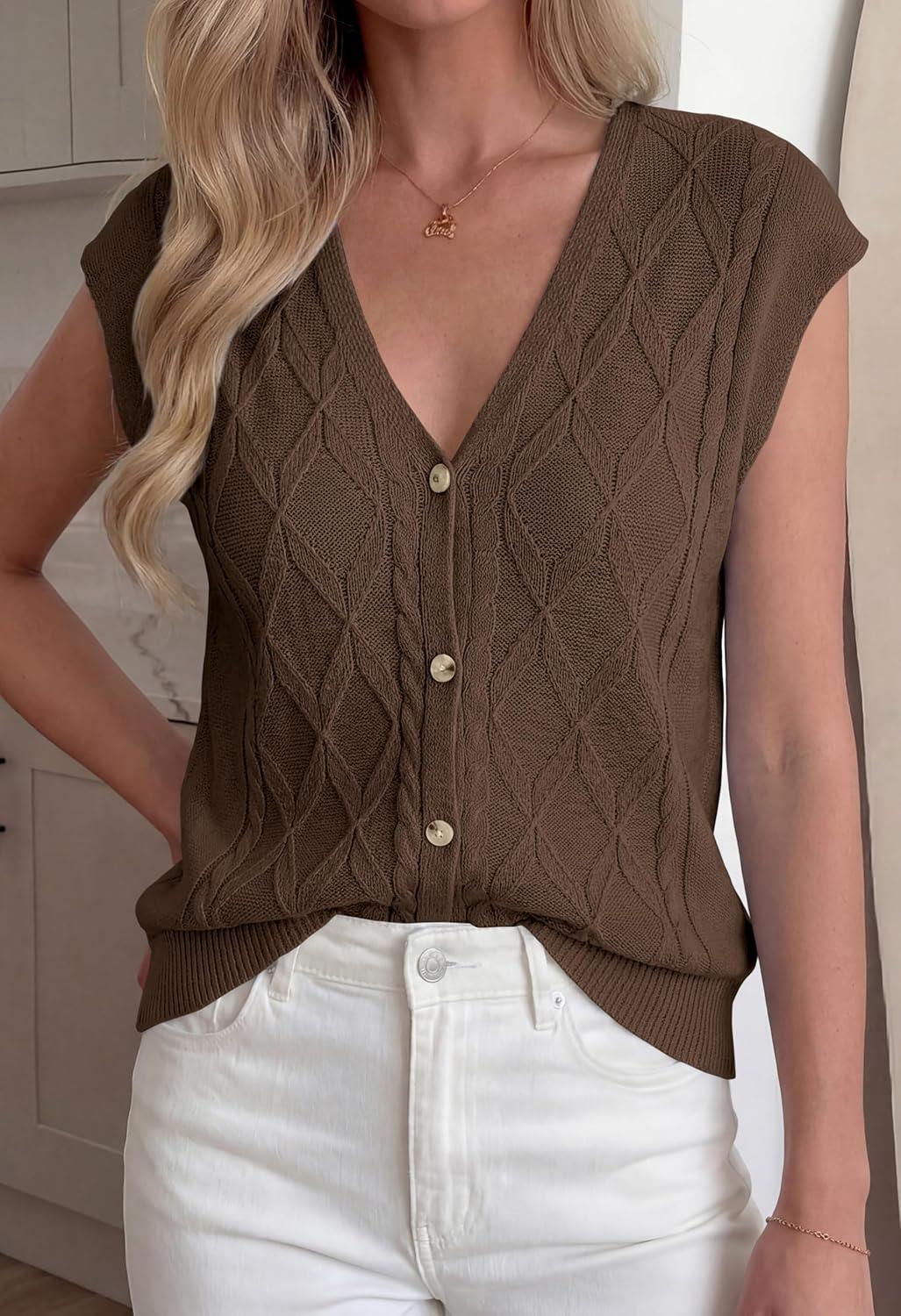 imageBTFBM Sweater Vest Women V Neck Cap Sleeve Button Down Knit Tops Spring Summer 2026 Casual Lightweight Cardigan VestsBrown