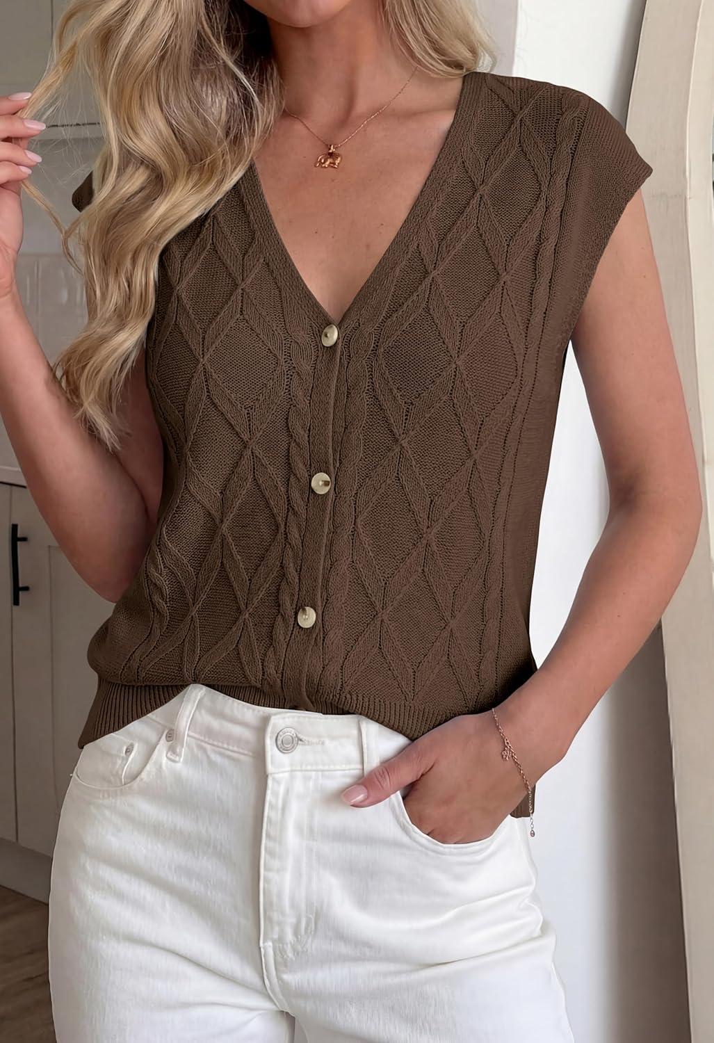 imageBTFBM Sweater Vest Women V Neck Cap Sleeve Button Down Knit Tops Spring Summer 2026 Casual Lightweight Cardigan VestsBrown