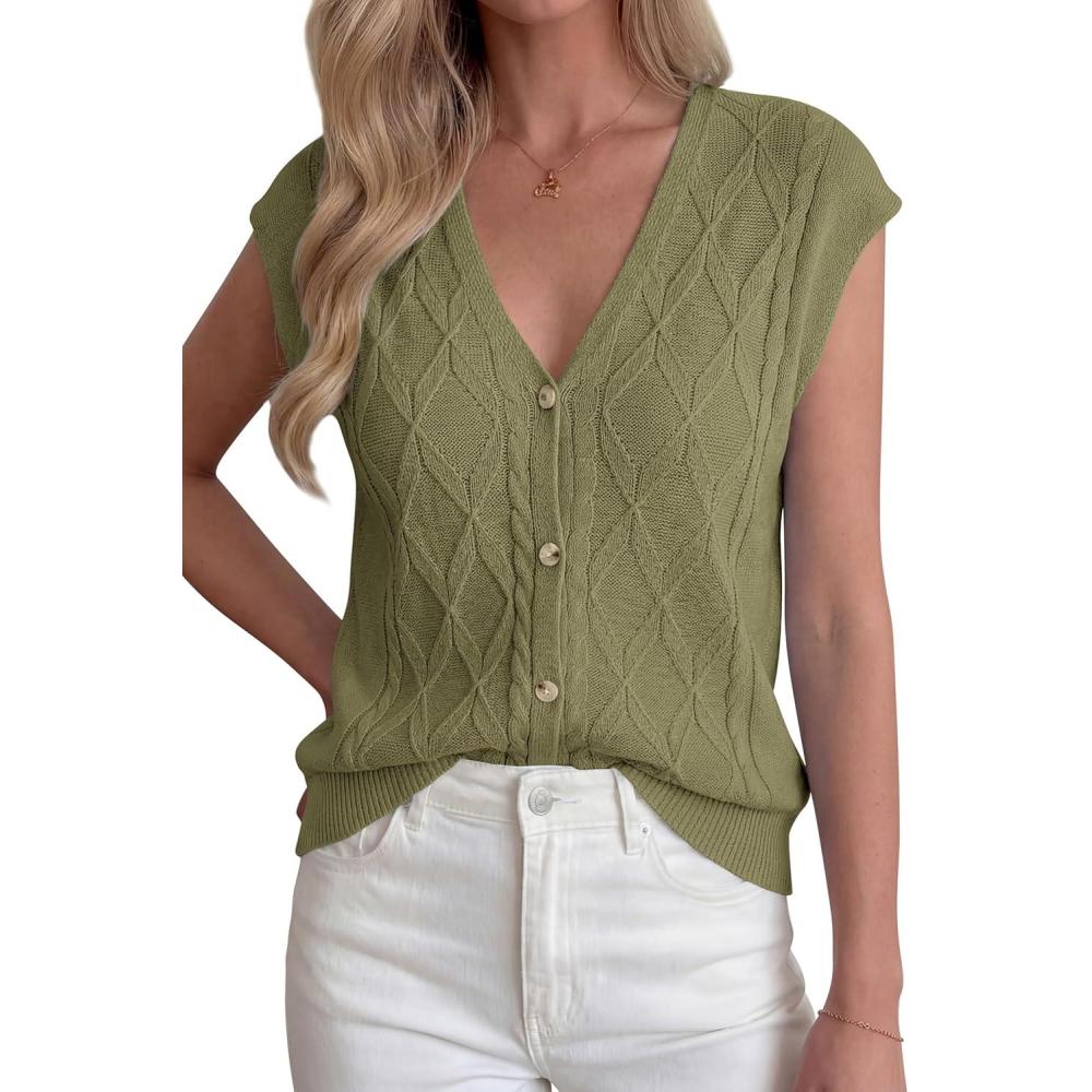 imageBTFBM Sweater Vest Women V Neck Cap Sleeve Button Down Knit Tops Spring Summer 2026 Casual Lightweight Cardigan VestsArmy Green