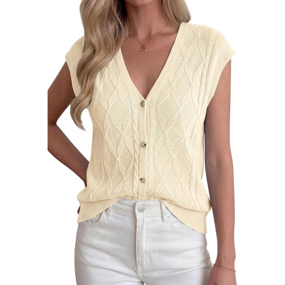 imageBTFBM Sweater Vest Women V Neck Cap Sleeve Button Down Knit Tops Spring Summer 2026 Casual Lightweight Cardigan VestsBeige