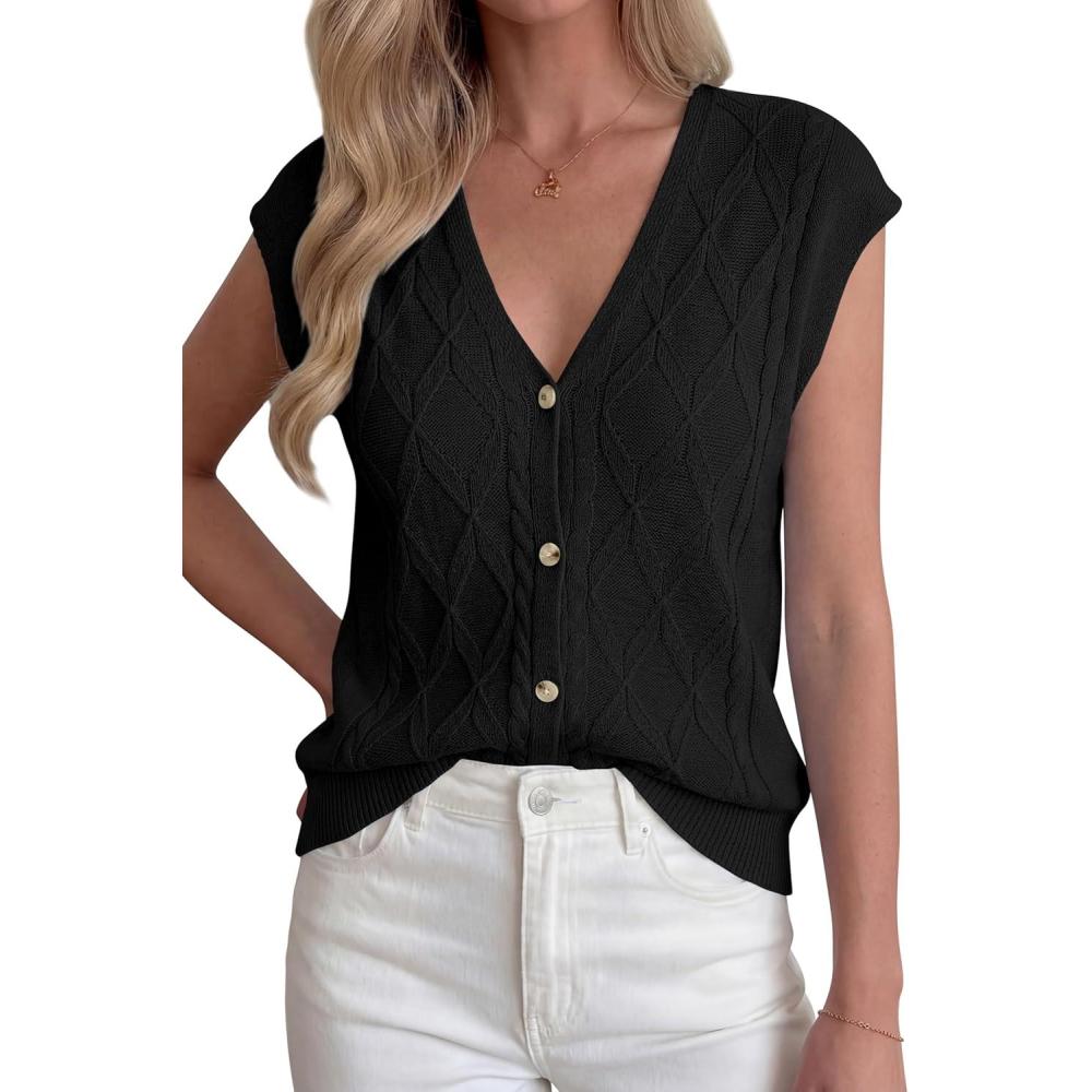 imageBTFBM Sweater Vest Women V Neck Cap Sleeve Button Down Knit Tops Spring Summer 2026 Casual Lightweight Cardigan VestsBlack