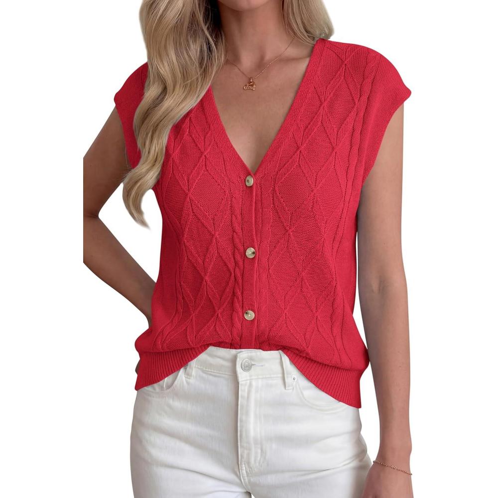 imageBTFBM Sweater Vest Women V Neck Cap Sleeve Button Down Knit Tops Spring Summer 2026 Casual Lightweight Cardigan VestsRed
