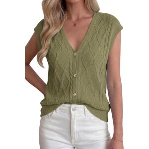 BTFBM Sweater Vest Women V Neck Cap Sleeve Button Down Knit Tops Spring Summer 2026 Casual Lightweight Cardigan Vests(Army Green)