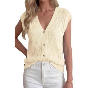 BTFBM Sweater Vest Women V Neck Cap Sleeve Button Down Knit Tops Spring Summer 2026 Casual Lightweight Cardigan Vests(Beige)