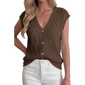BTFBM Sweater Vest Women V Neck Cap Sleeve Button Down Knit Tops Spring Summer 2026 Casual Lightweight Cardigan Vests(Brown)