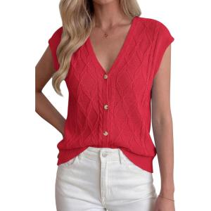 BTFBM Sweater Vest Women V Neck Cap Sleeve Button Down Knit Tops Spring Summer 2026 Casual Lightweight Cardigan Vests(Red)