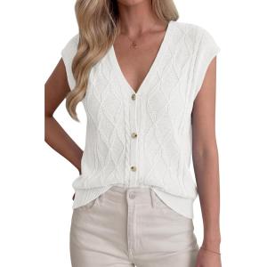 BTFBM Sweater Vest Women V Neck Cap Sleeve Button Down Knit Tops Spring Summer 2026 Casual Lightweight Cardigan Vests(White)