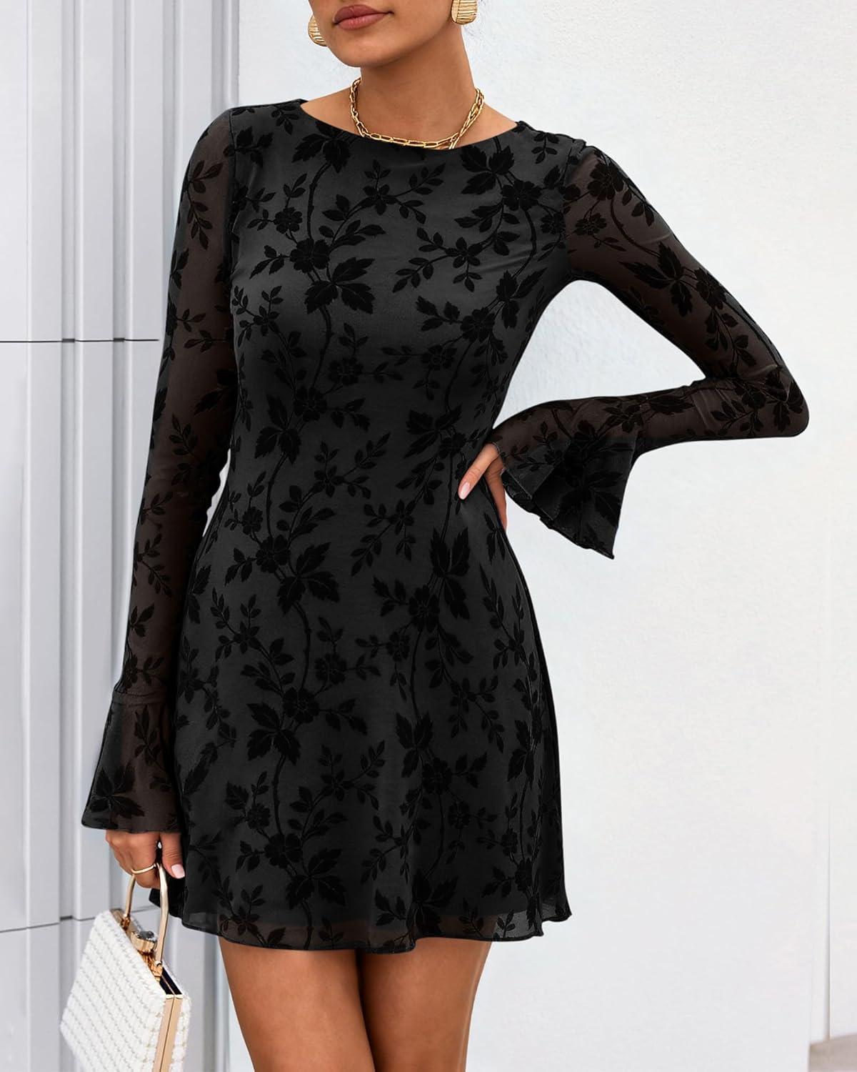 imageBTFBM Women Floral Wedding Guest Dress Spring 2026 Casual Long Sleeve Crew Neck Flowy Party Cocktail Mini DressesFloral Black Black