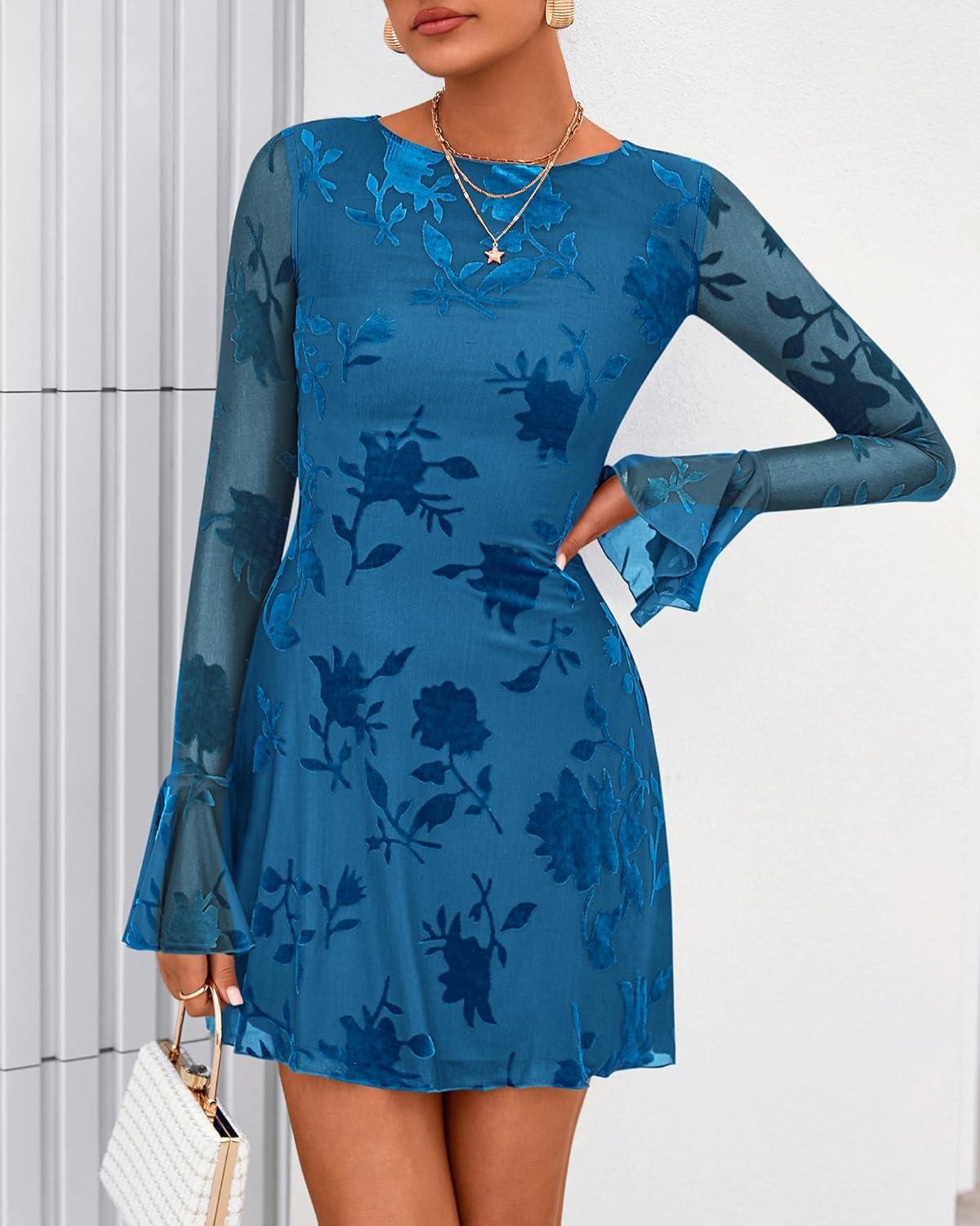 imageBTFBM Women Floral Wedding Guest Dress Spring 2026 Casual Long Sleeve Crew Neck Flowy Party Cocktail Mini DressesFloral Blue