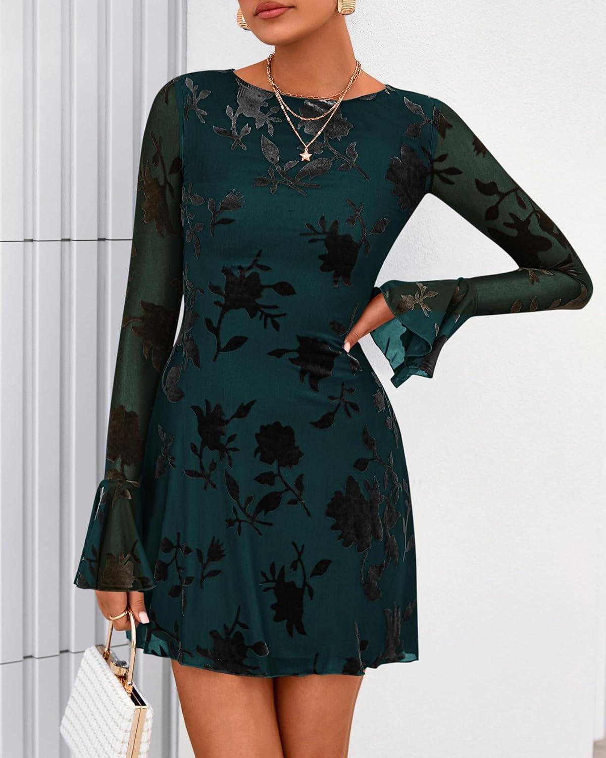 imageBTFBM Women Floral Wedding Guest Dress Spring 2026 Casual Long Sleeve Crew Neck Flowy Party Cocktail Mini DressesFloral Blue Green